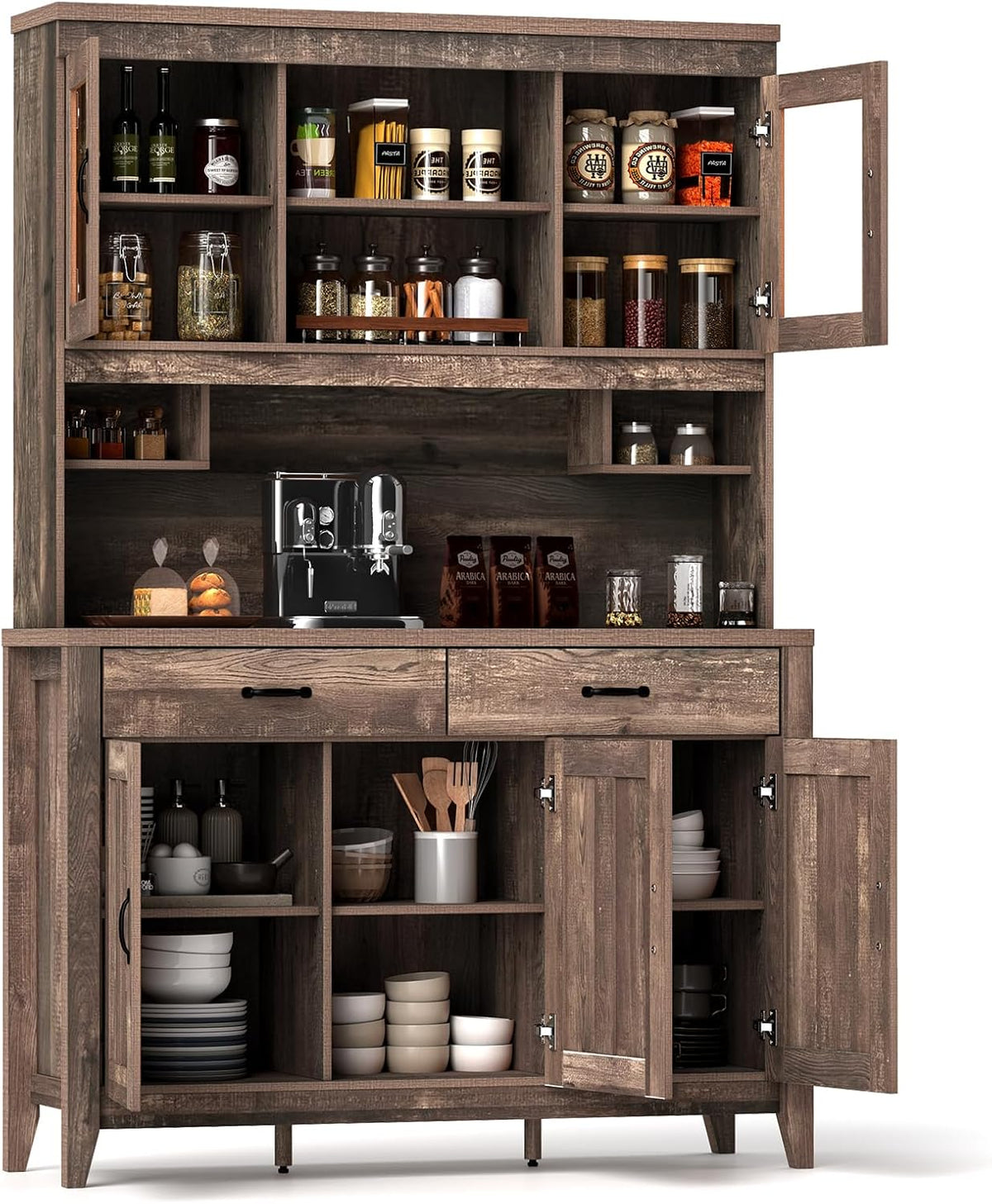 78.5-inch high kitchen cabinet storage unit, large storage cabinet with glass doors, equipped with drawers and adjustable shelves. The wooden kitchen storage unit has a microwave shelf, suitable for a home coffee bar.
