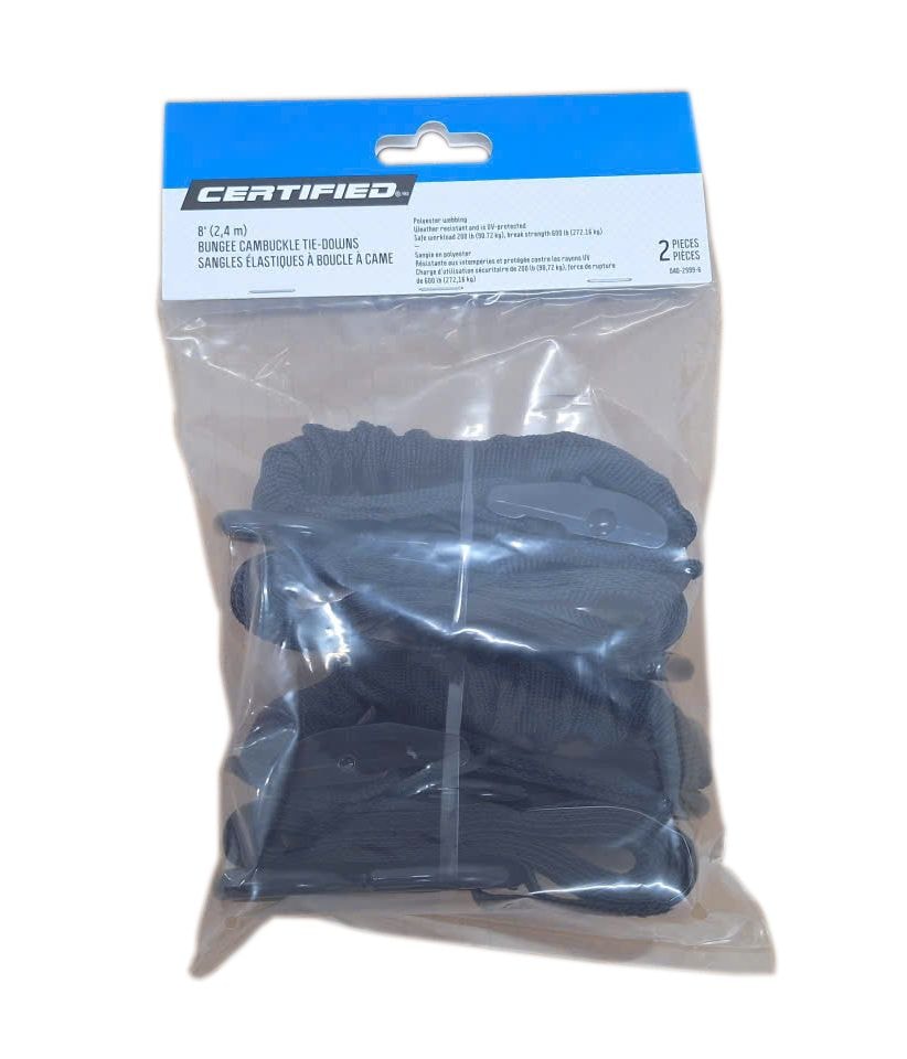 Bungee Cam-Buckle Tie-Down, 600-lb Break Strength, Black, 8-ft, 2-pk