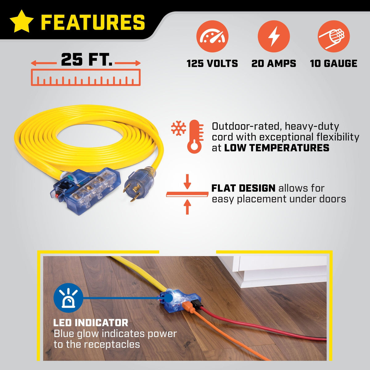 20A, 125V L5-30R Flat Design Generator Extension Cord, 25-ft