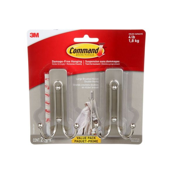 Large Decorative Double Hooks Value Pack with Adhesive Strips, Brushed Nickel, 4-lbs, 2 Strips per Pack