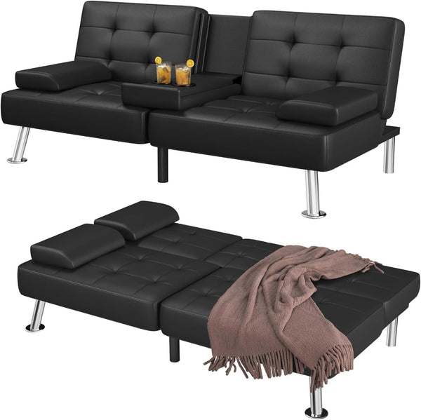 Futon Sofa Bed Convertible Folding Futon Set Modern Recliner Lounge for Small Room & Living Room with 2 Cup Holders, Removable Armrests (Artificial Leather, Black) Z1333