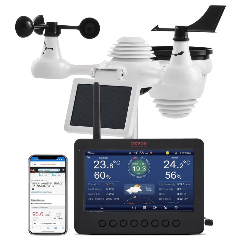 VEVOR 7-in-1 Wireless Weather Station with Wi-Fi,7 in TFT Colorful Display, Solar-Powered Outdoor Sensor, Indoor Outdoor Monitoring, Includes... O5001