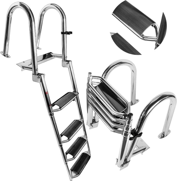 4 Steps Telescoping Boat Ladder Reinforce Dock Ladder Heavy Duty Swim Deck Ladder with Hand Railings and Extra Wide Steps O0605