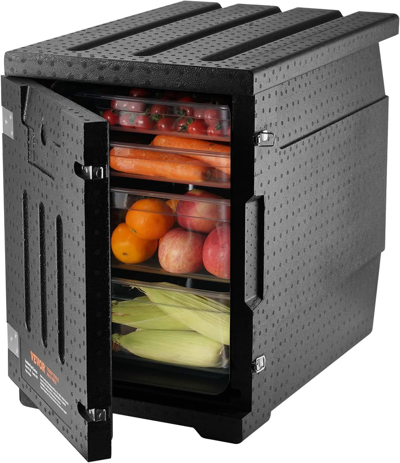 Food tray transportation box, 95-gallon insulated box for the catering industry, LLDPE food tray box with double clasps, front-mounted food heater with handle, suitable for stacking end loaders in restaurants, canteens, etc. black B6057