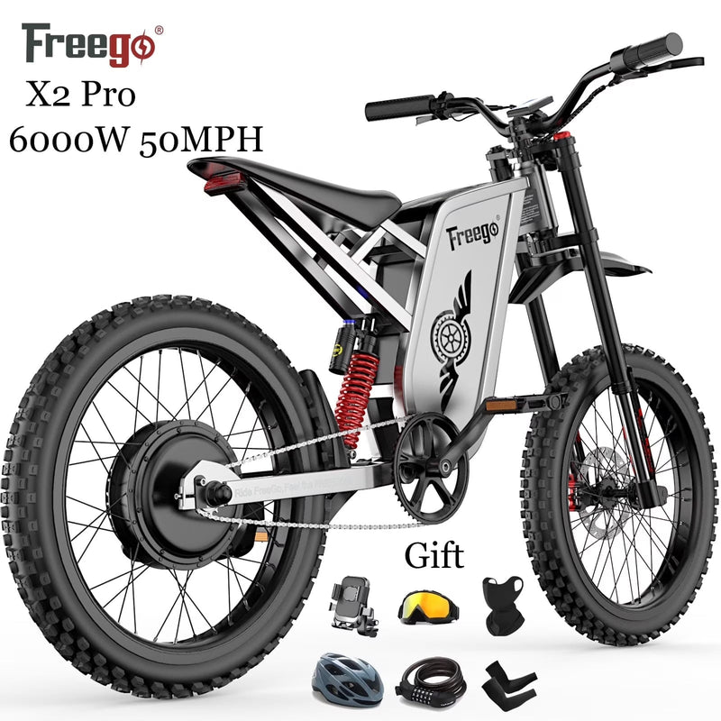 6000W(Peak) Motor 60V/30Ah Battery Freego X2Pro Electric Motorcycle for Adults, Electric Bike,50MPH/7 Speed Off Road Electric Bicycle,19 x 2 Full... Q3426