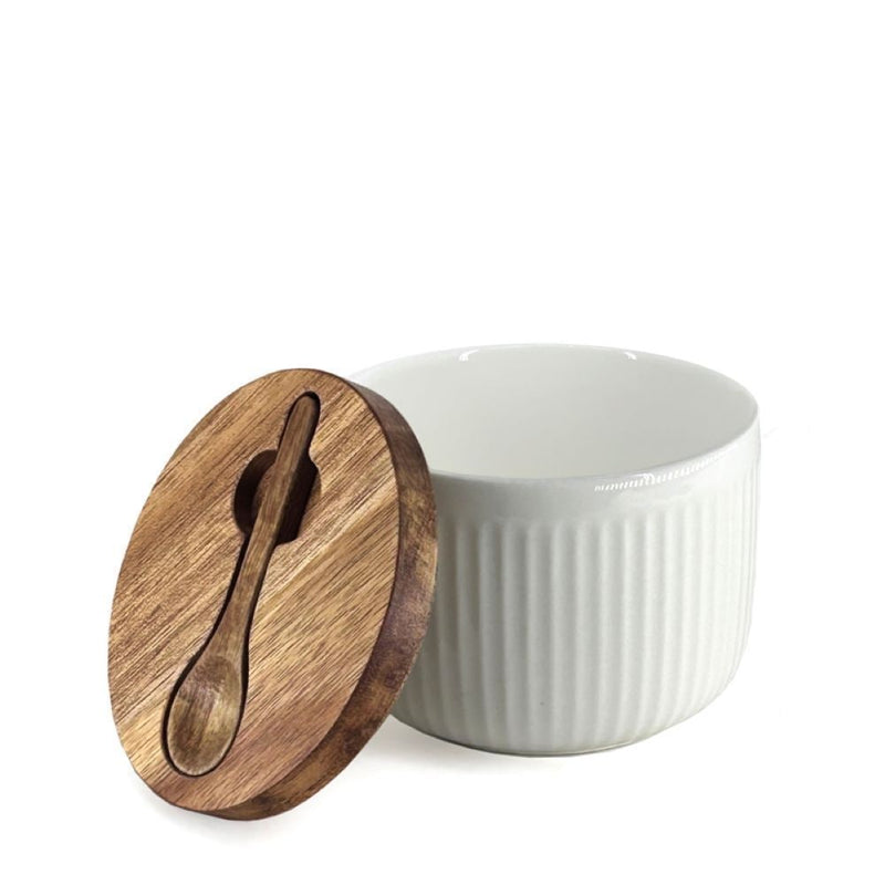 Porcelain Salt/Herb Keeper with Spoon & Acacia Lid, Dishwasher Safe F7511