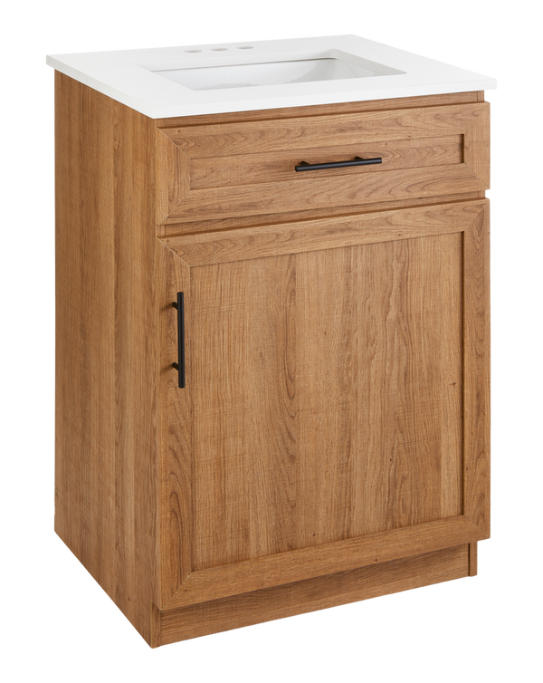 Danville Single Door Single Sink Stone Top Bathroom Vanity, Honey Oak, 24-in F0336