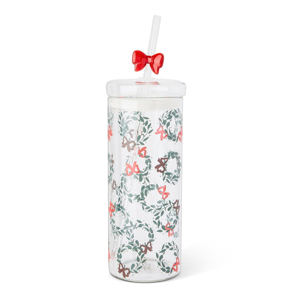 22-oz Printed Glass Tumbler with Bow Charm Straw Z8135