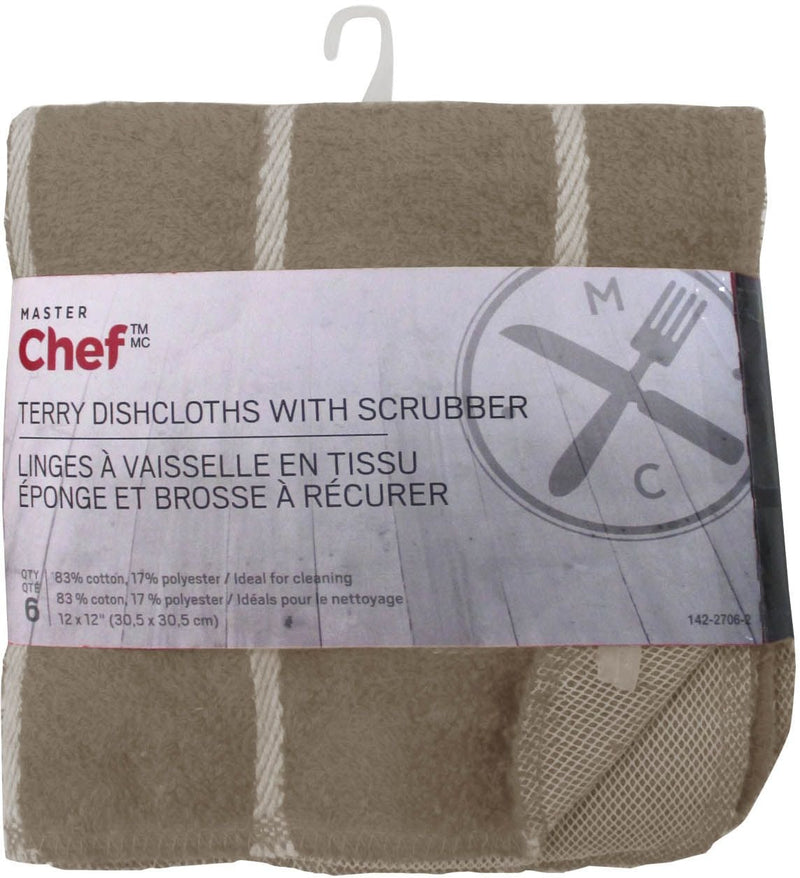 Terry Cotton Checkered Dishcloths with Scrubber, 12-in x 12-in, 6-pk, Brown R3457
