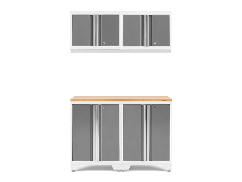 Bold 3.0 Series All-in-One Lockable Steel Garage Cabinetry Set with Bamboo Top, White/Platinum, 48-in x 18-in x 76.75-in, 5-pc I3207