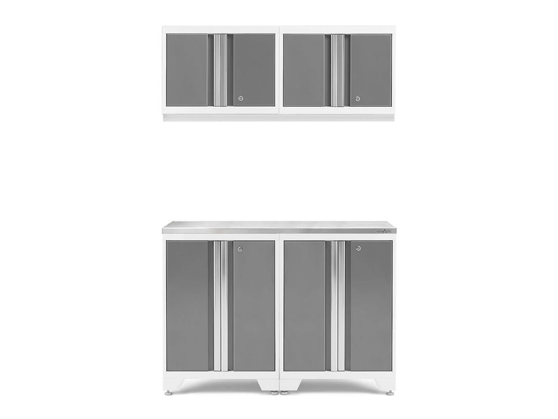 Bold 3.0 Series All-in-One Lockable Steel Garage Cabinetry Set with Stainless Steel Top, White/Platinum, 48-in x 18-in x 76.75-in, 5-pc I4159