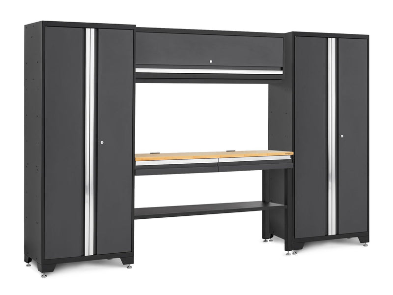 Bold 3.0 Series Lockable Steel Garage Cabinetry Set with Bamboo Top, Grey, 120-in x 18-in x 72-in, 5-pc A1622