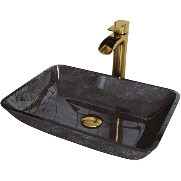 Glass Grey Onyx Bathroom Sink/Basin Set with Matte Gold Niko Faucet and Rectangular Vessel G41